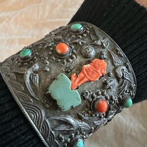 China Sung Silver Carved Coral Turquoise Bird & Bees Flower Bonsai Tree Bracelet